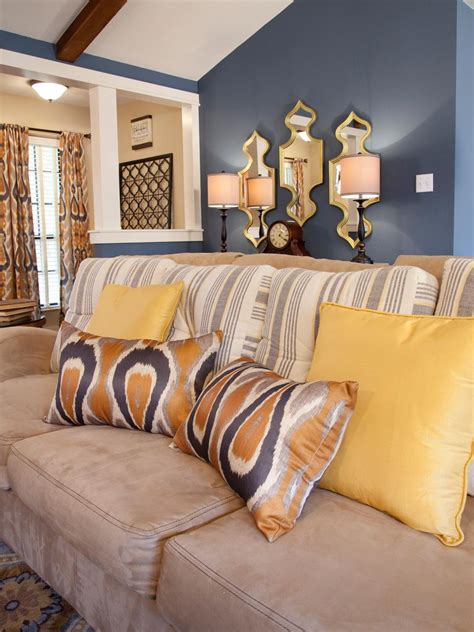 Transitional Blue Living Room With Ikat Pillows Hgtv