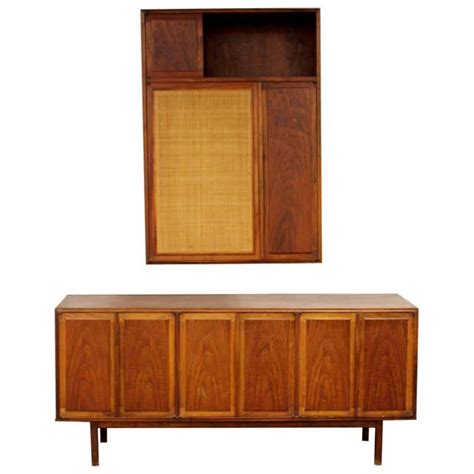 Mid Century Modern Founders Walnut Cane Hanging Wall Cabinet Credenza
