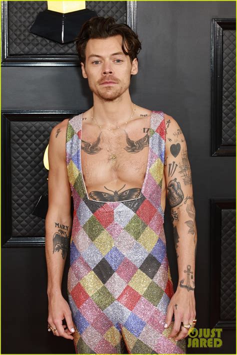 Harry Styles Bares His Full Chest In Jumpsuit On Grammys 2023 Red