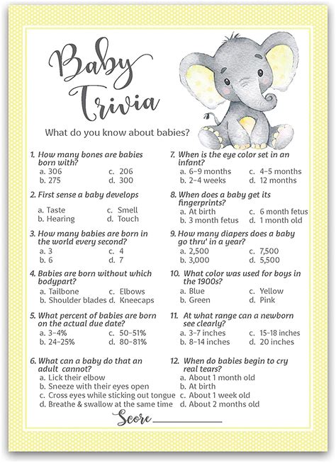 Gender Neutral Baby Shower Game Baby Trivia Game 25 Guests Yellow