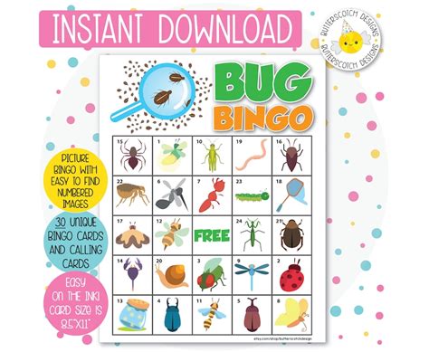 Bug Insect Printable Bingo Cards 30 Different Cards Etsy