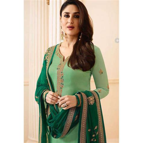 6274 Pale Green Kaseesh Kareena Kapoor Satin Georgette Suit With Heavy Work Dupatta Asian Couture