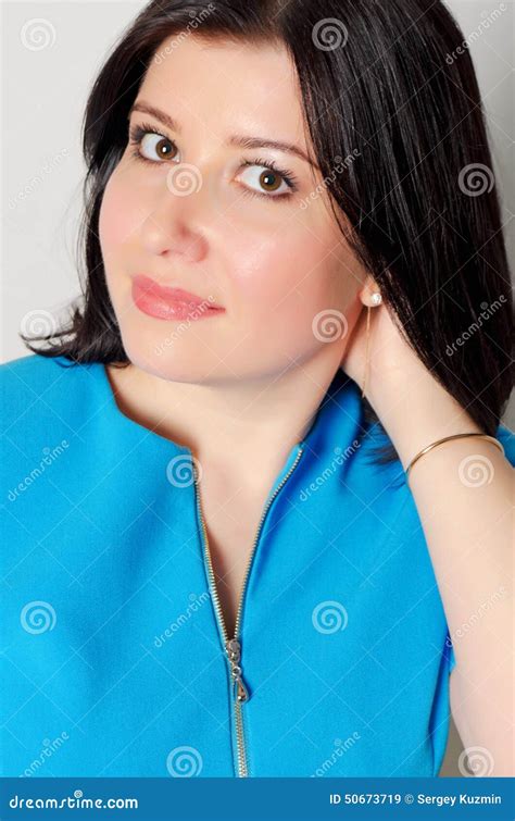 Smiling Brunette In Blue Stock Image Image Of Attractive 50673719