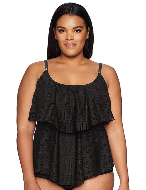 24th And Ocean Womens Plus Size 2 Tiered Ruffle Tankini Black Size 16