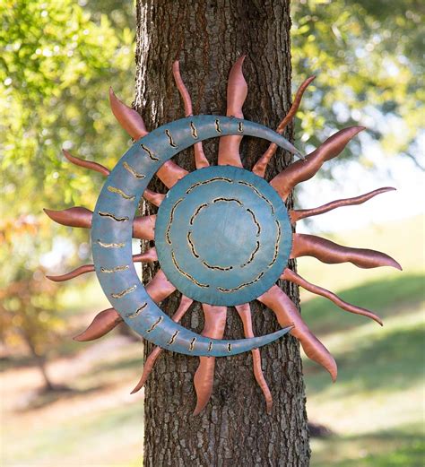 Handcrafted Blue And Copper Colored Recycled Metal Moon And Sun Wall Art Eligible For Shipping