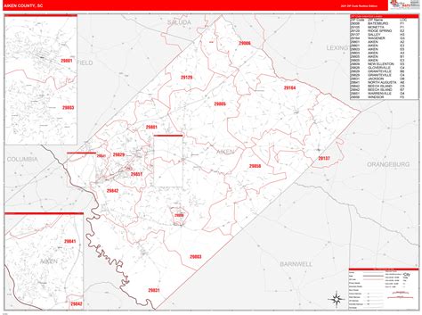 Aiken County Sc Zip Code Wall Map Red Line Style By Marketmaps Mapsales