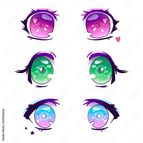 Hand Drawn Cute Anime Eyes Colored Vector Set All Elements Are
