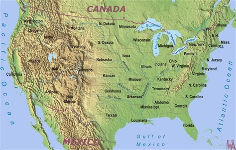 Physical Geographical Map Of Usa With Rivers And Mountains