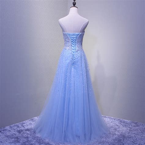 Light Blue Sparkle Long Formal Gowns Beaded Party Dresses Blue Tulle