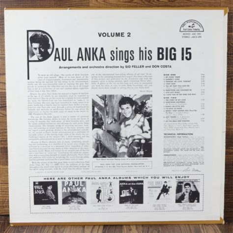 1961 12 Vinyl Paul Anka Sings His Big 15 Volume 2 Lp Abc Paramount Abc 390 Ebay