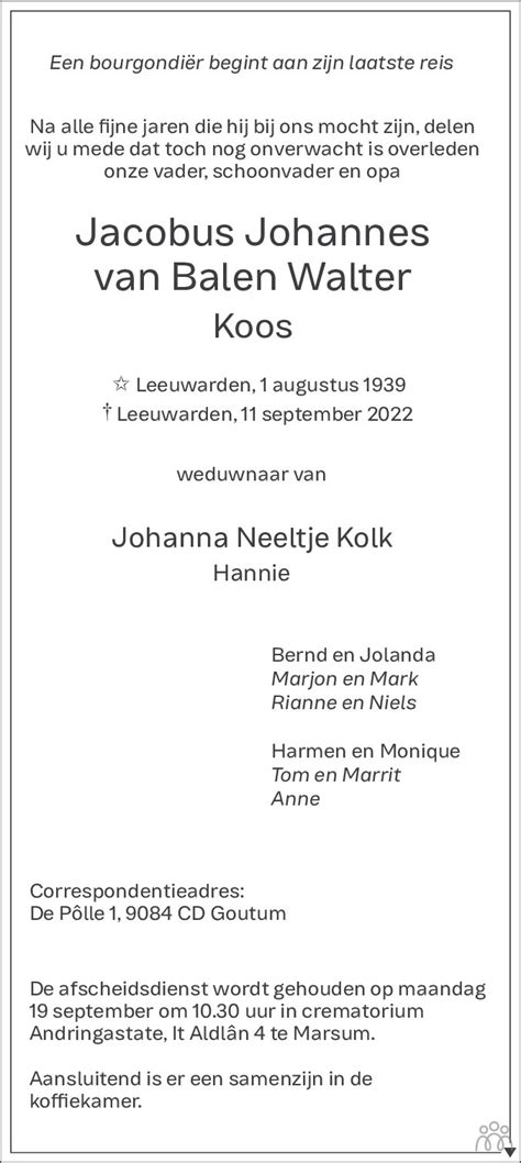 Jacobus Johannes Koos Van Balen Walter 11 09 2022 Overlijdensbericht