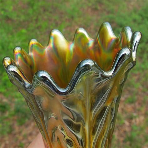 Antique Northwood Leaf Columns Green Carnival Glass Vase Carnival Glass