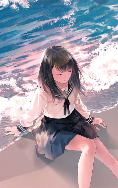 800x1280 Anime Girl Sitting Waves School Uniform 4k Nexus 7samsung