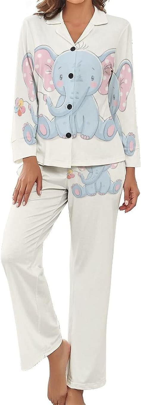 Cute Elephant Womens Pajamas Set Button Down Sleepwear Pj Set