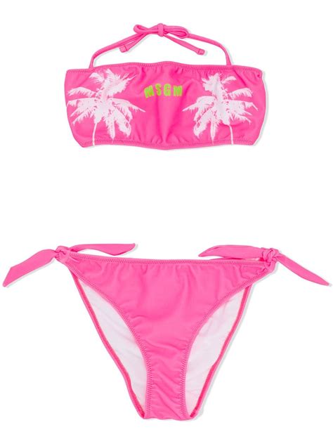 Msgm Teen Palm Tree Bandeau Bikini In Pink Modesens