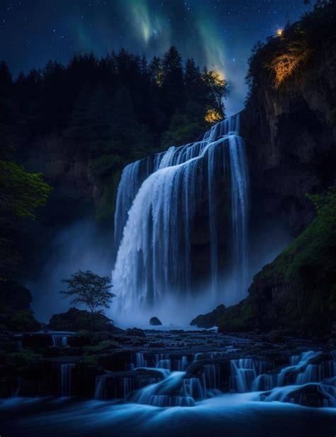Premium Ai Image Beautiful Waterfalls Landscape At Night