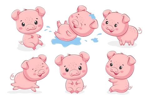 Premium Vector A Collection Of 6 Cute Piglets Vector Illustration Of