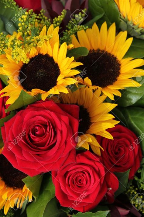Big Red Roses And Sunflowers In A Floral Arrangement Red Roses And