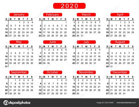 Calendar 2020 Week Starts Sunday Basic Business Template Vector