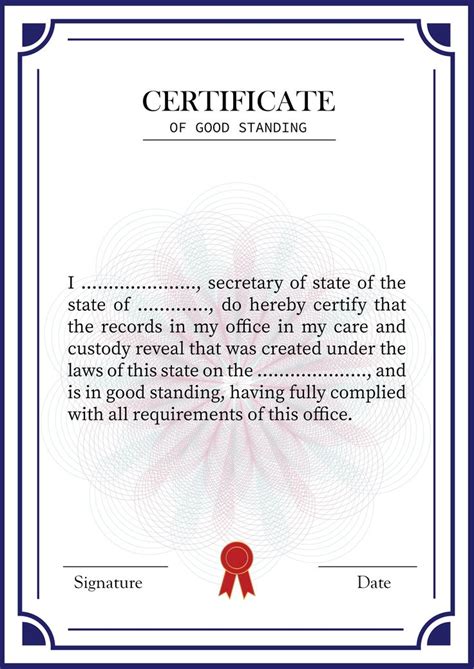 Certificate Of Good Standing Blank Printable Template In PDF Word