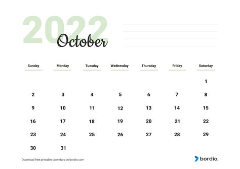 October 2022 Printable Calendar Templates For Free In Pdf Bordio