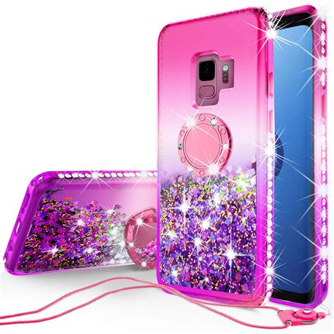 Samsung Galaxy S9 Case Glitter Liquid Floating Quicksand Ring Stand Cute Girls Women Phone Case