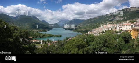 Abruzzo National Park Village Of Barrea Overlooking The Lake Stock
