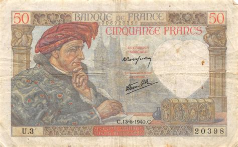 Banknote France 50 Francs Jacques Coeur 13 06 1940 Serial U3 F