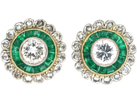 Art Deco Ct Gold Platinum Emerald Diamond Target Earrings P