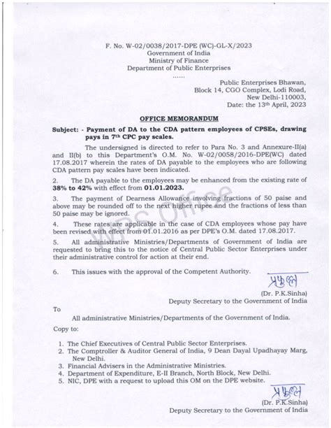 Th CPC DA From Jan DA To CDA Pattern Employees Of CPSEs DPE OM Dated Th April