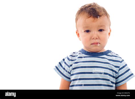 Portrait Of Sad Baby Boy A Lot Of Copyspace Isolated Over A White
