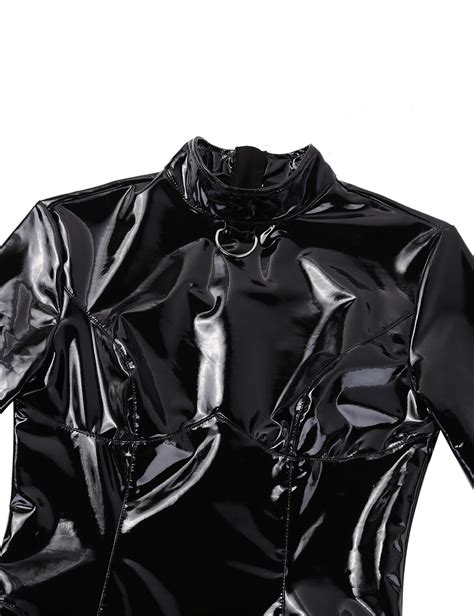 Sexy Women Patent Leather Bodysuit Top Long Sleeve Leotard Bodysuit