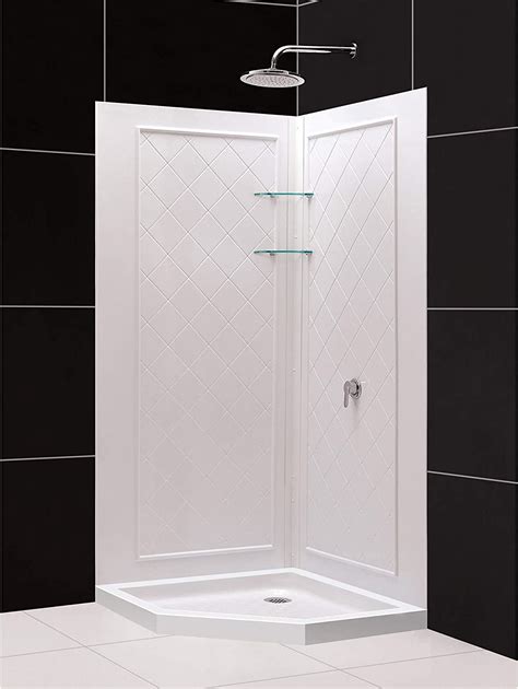dreamline 38 in x 38 in x 76 3 4 in h neo angle shower base and qwall 4 acrylic corner