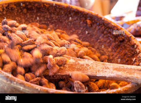 Cooked Almonds And Peanuts Street Food Stall Pralines Close Up Shots At A French Festival In