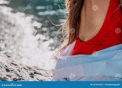 Young Woman In Red Bikini On Beach Girl Lying On Pebble Beach And Enjoying Sun Happy Lady In