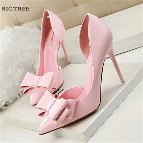 New Spring Autumn Women Elegant Pumps Sweet Bow High Heeled Shoes Thin Pink High Heel Shoes