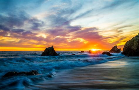 Usa Coast Sunrises And Sunsets Waves Sky Crag Malibu