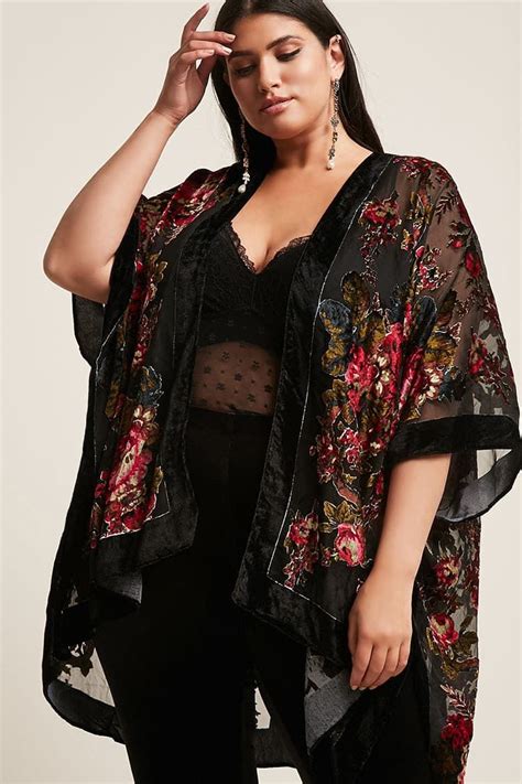 Plus Size Woven Heart Burnout Velvet Floral Kimono Kimono Outfit