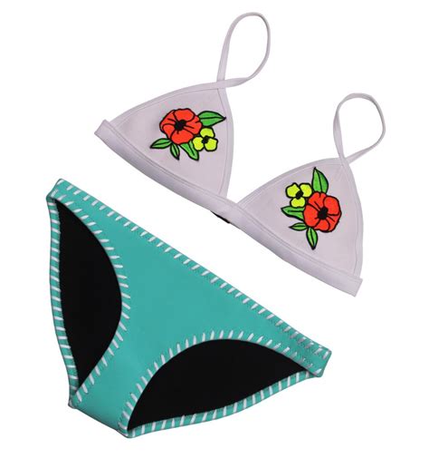 Muxilove 2017 Handmade Embroidery Floral Women 100 Real Neoprene Bikini Set Swimwear Swimsuit