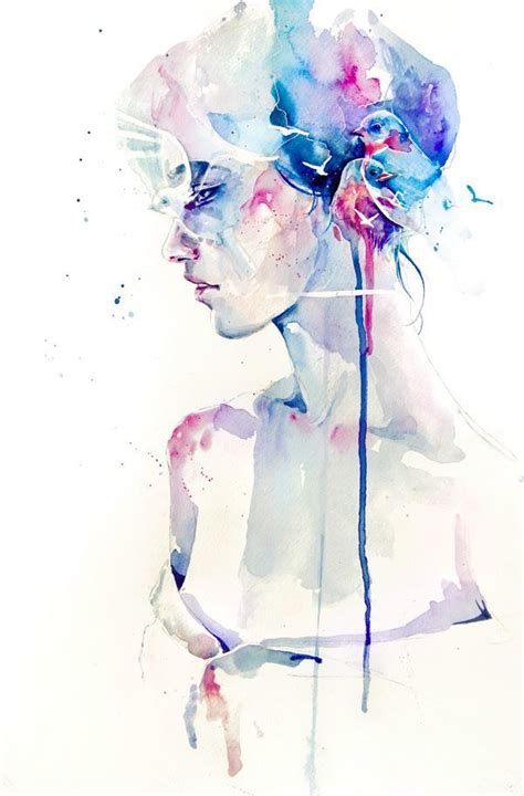 Woman Birds In Her Hair Art Watercolor Painting Ink Spill Splash
