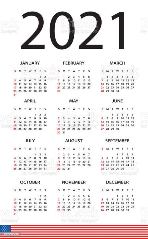 Ilustración De Calendario 2021 Ilustración Versión Americana La Semana Comienza El Domingo Y Más