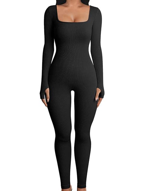 Yilvust Women Ribbed Knit Yoga Jumpsuits Long Sleeve Square Neck Bodycon Jumpsuit One Piece