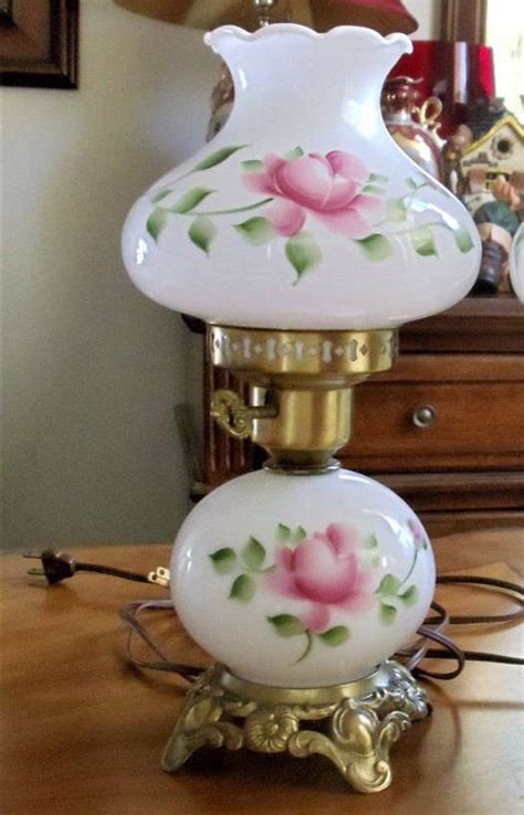 Vintage Mid Century Hand Painted Table Lamp White Milk Glass Etsy