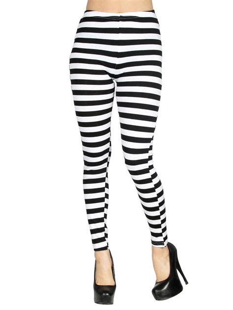 Womens Black White Horizontal Stripes Sexy Opaque Leggings Footless