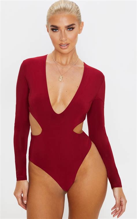 Scarlet Slinky Plunge Neck Cut Out Bodysuit Prettylittlething Usa