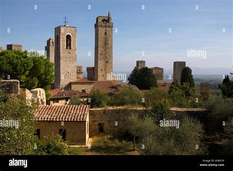 torre grossa and other towers from la rocca di montestaffoli san gimignano tuscany italy