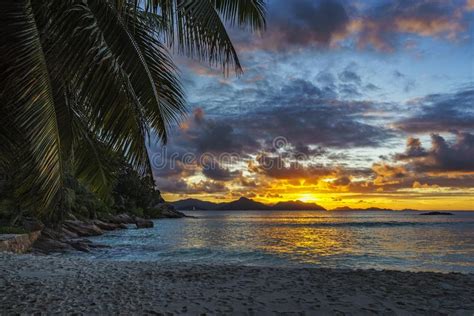 Beautiful Romantic Sunset On Paradise Beach At Anse Severe La D Stock Image Image Of Holiday