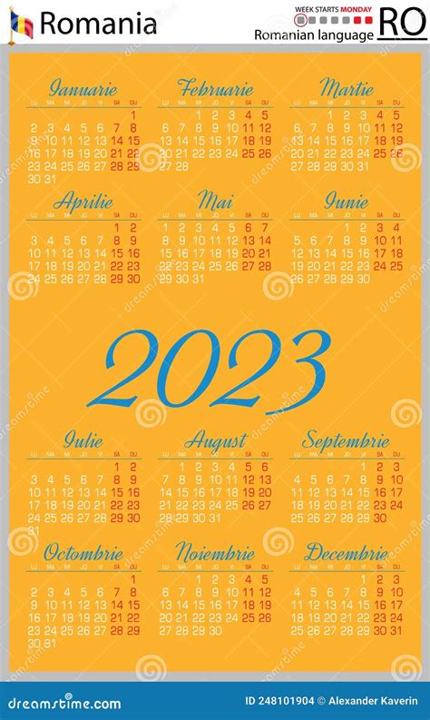 Romanian Vertical Pocket Calendar For 2023 Week Starts Monday Stock