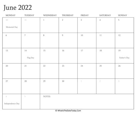 Printable Blank Calendar June 2022