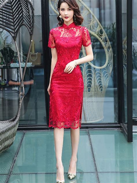red red lace qipao cheongsam wedding dress cozyladywear